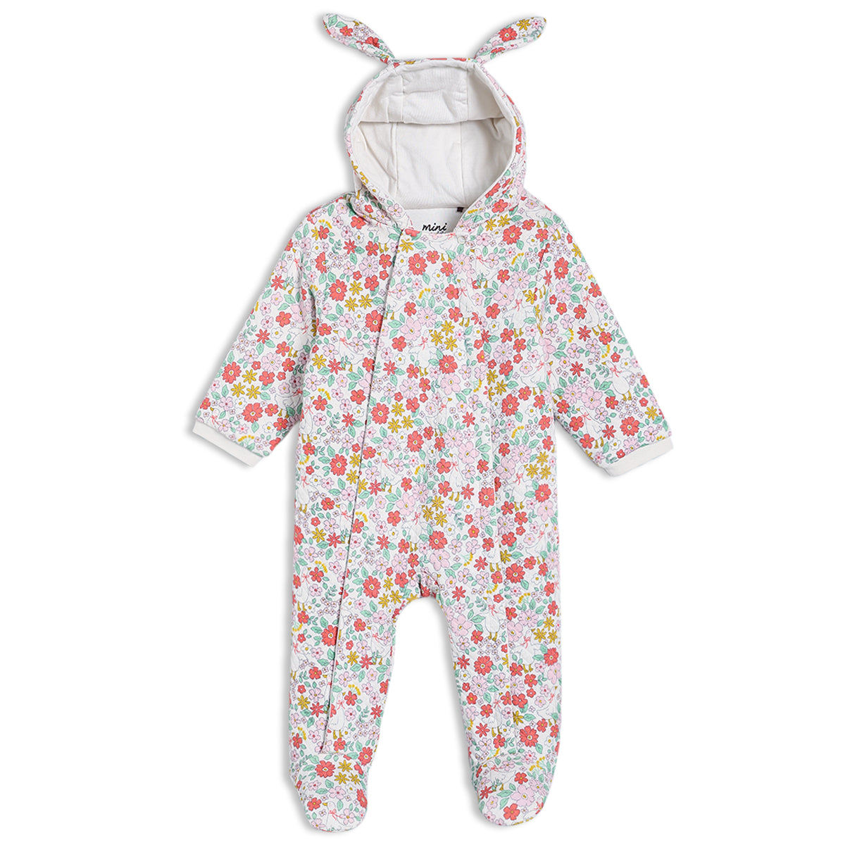 Baby Girls Floral Printed Hooded Pramsuit, Multicolour