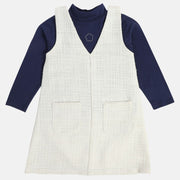 Girls Cotton Full Sleeves Self design Pinny Set - White & Dark blue