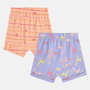 Girls Cotton Pack Of 2 Striped & Animal Printed Shorts - Purple & Peach