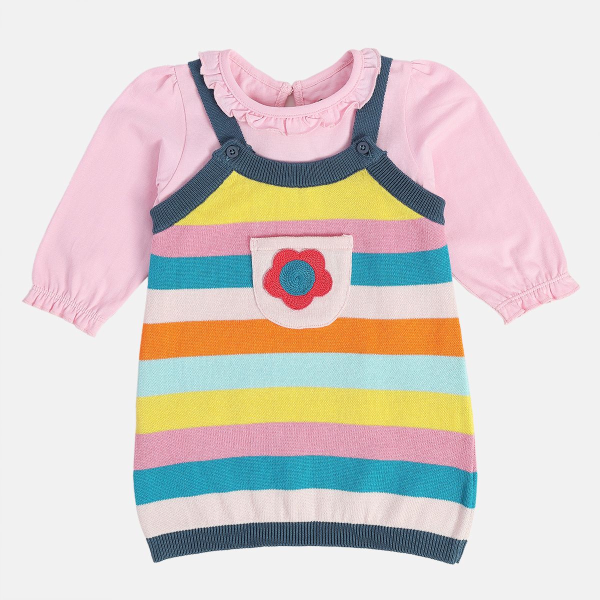 Girls Cotton Full Sleeves Striped Pinny Set - Pink & Blue
