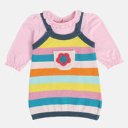 Girls Cotton Full Sleeves Striped Pinny Set - Pink & Blue