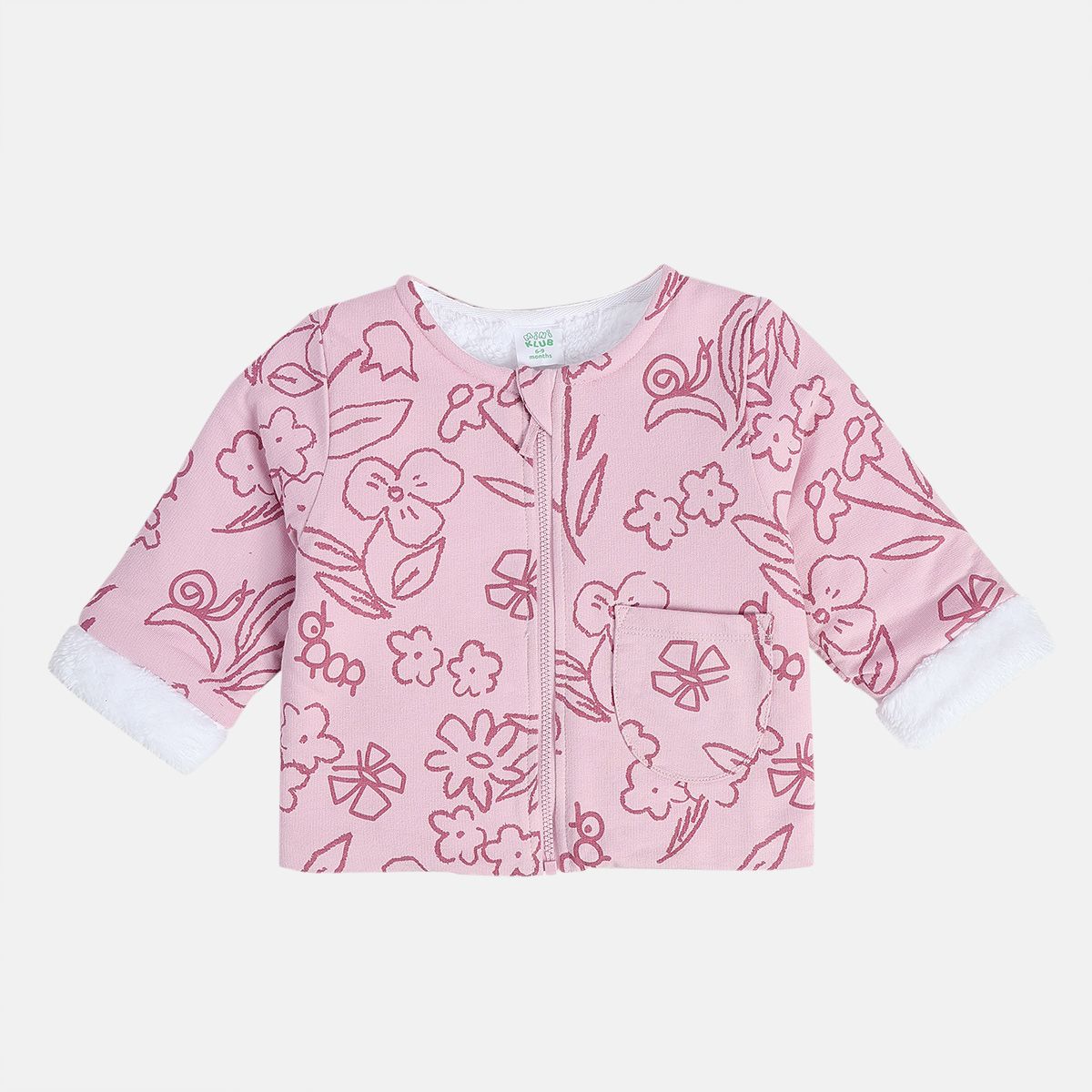 Girls Cotton Full Sleeves Floral Printed Jacket - Pink