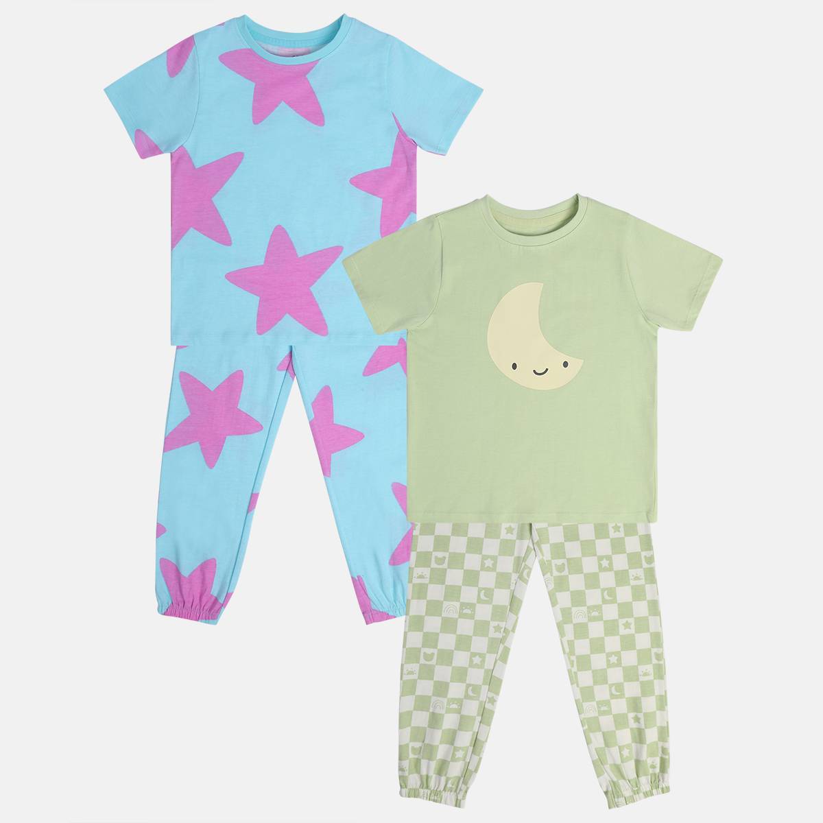 Girls Blue/Green Round Neck Short Sleeve Top And Bottom