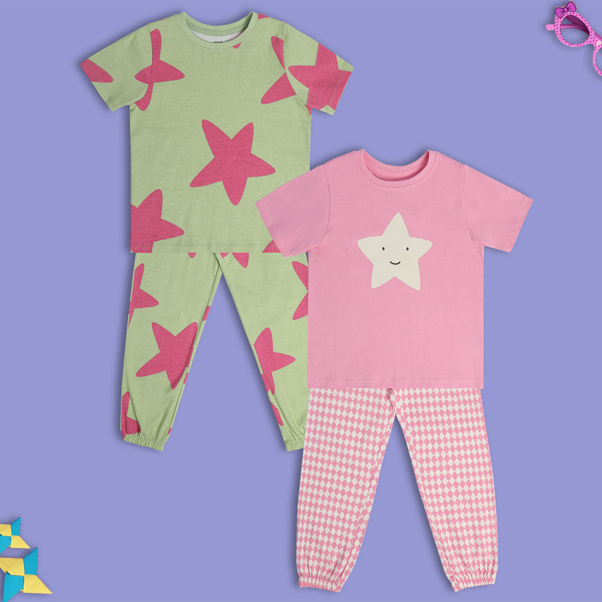 Girls Green/Grey Round Neck Short Sleeve Top And Bottom