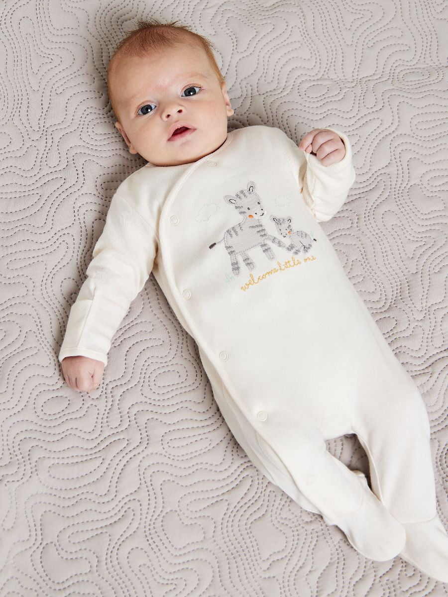 Baby Unisex Zebra Embroidered Sleepsuit, Cream