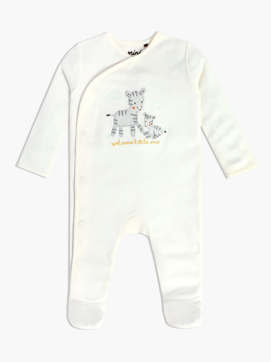 Baby Unisex Zebra Embroidered Sleepsuit, Cream