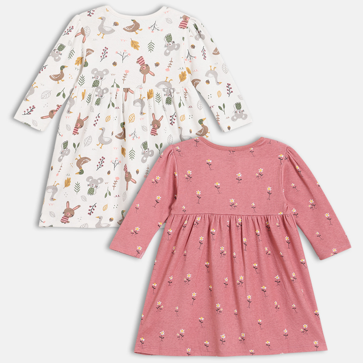 Girls Pack Of 2 Round Neck Full Sleeve Dress - Multi