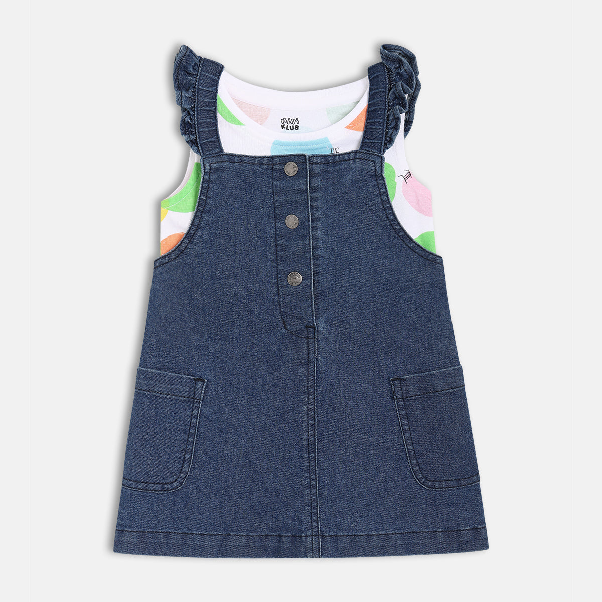 Girls White/Blue Sleeve Less Pinny Set