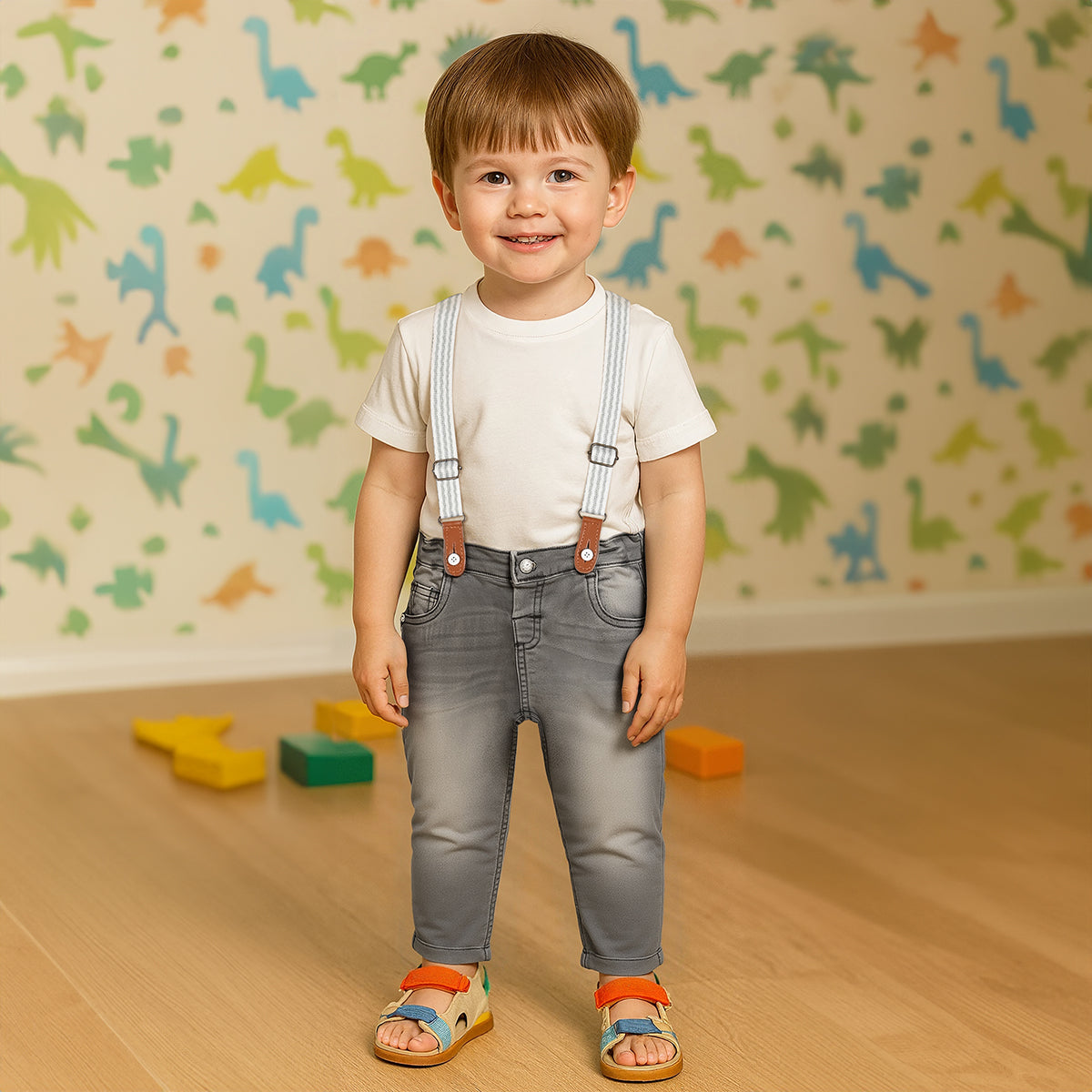 Grey Denim Baby Boys Adjustable Waistband With Suspender Full Length Denim Pant