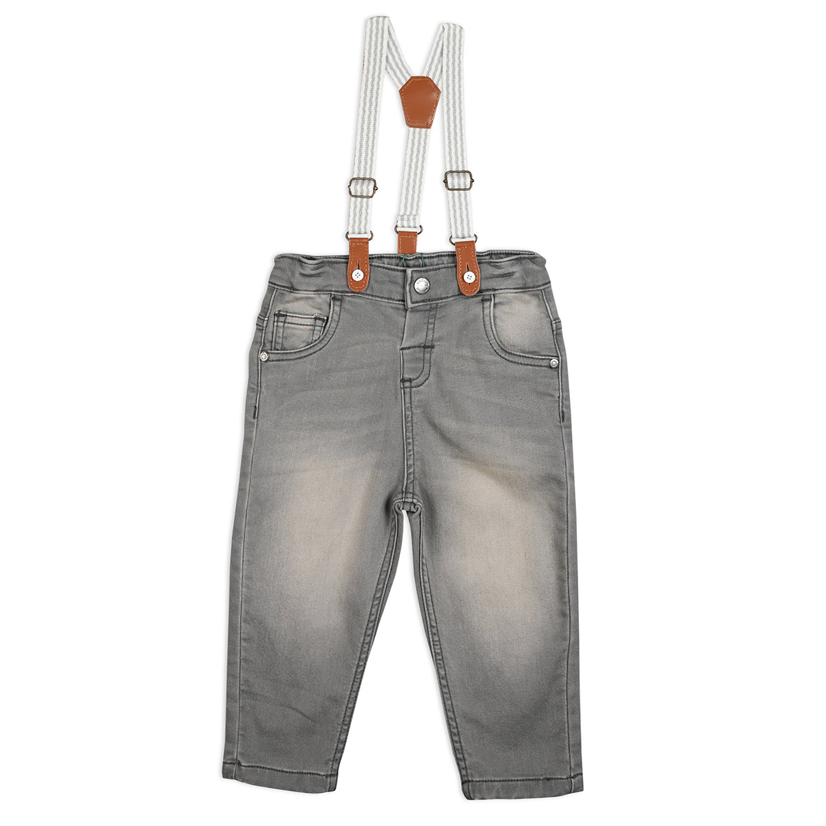 Grey Denim Baby Boys Adjustable Waistband With Suspender Full Length Denim Pant