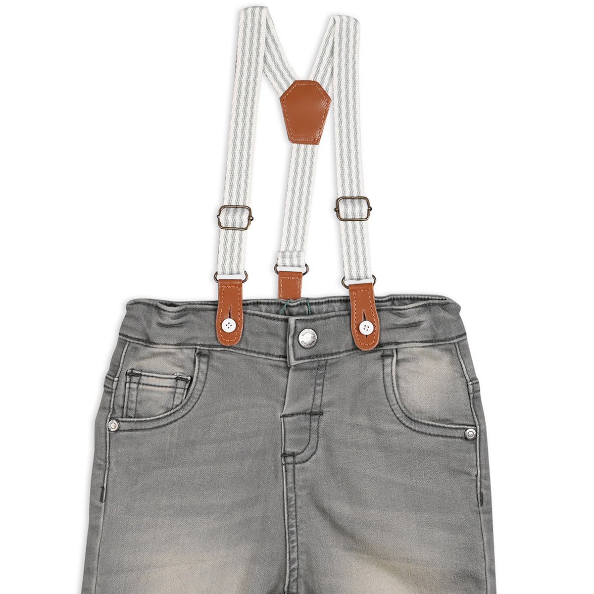 Grey Denim Baby Boys Adjustable Waistband With Suspender Full Length Denim Pant