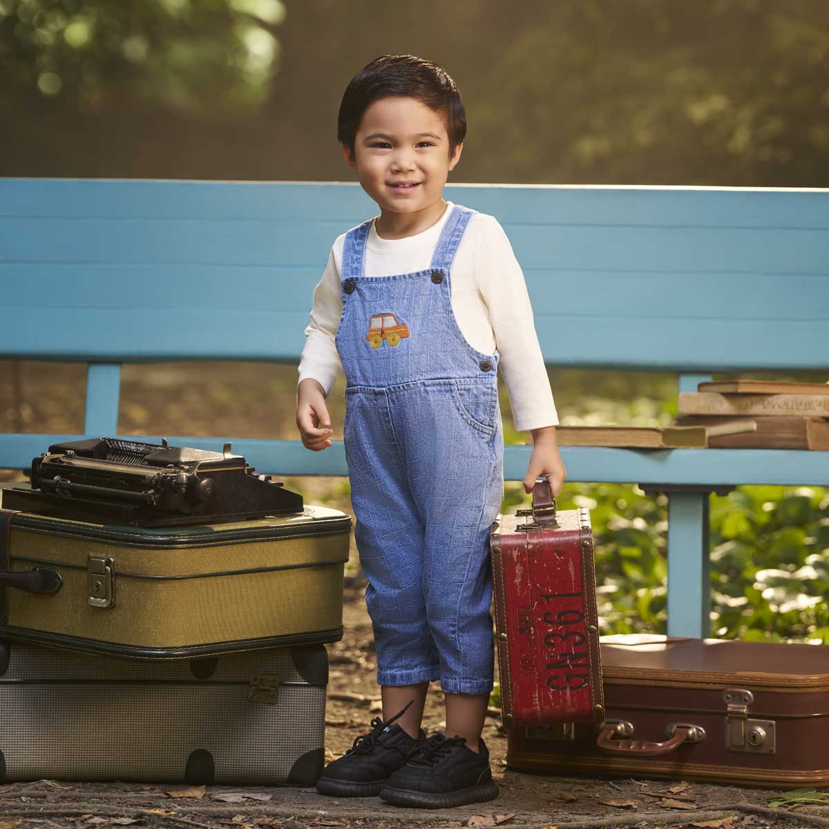 Boys Cotton Full Sleeves Checked Dungaree With Tee - Mauve & Blue