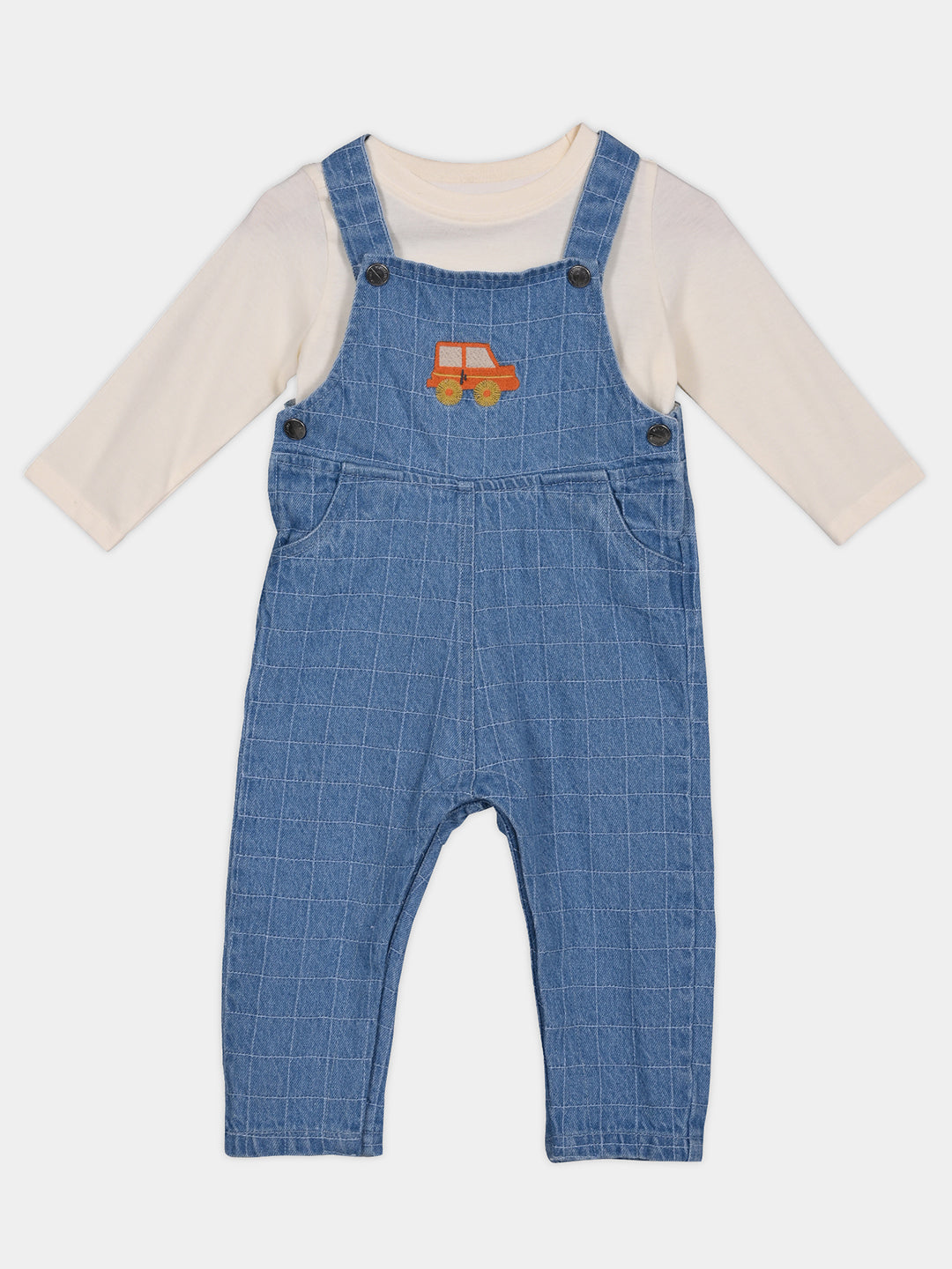 Boys Cotton Full Sleeves Checked Dungaree With Tee - Mauve & Blue