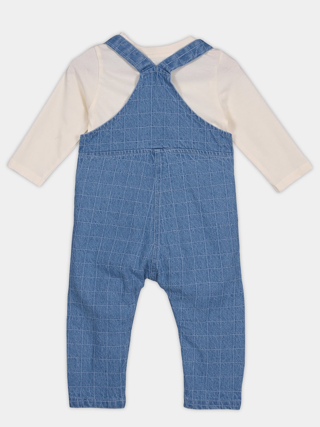 Boys Cotton Full Sleeves Checked Dungaree With Tee - Mauve & Blue