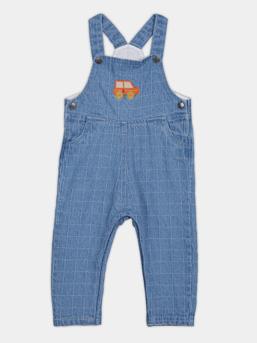 Boys Cotton Full Sleeves Checked Dungaree With Tee - Mauve & Blue