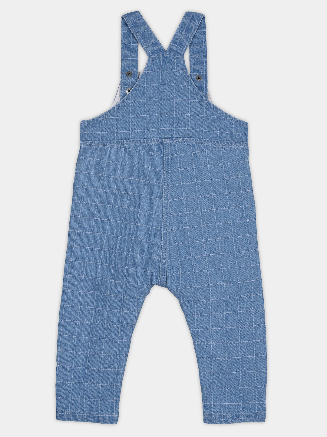 Boys Cotton Full Sleeves Checked Dungaree With Tee - Mauve & Blue