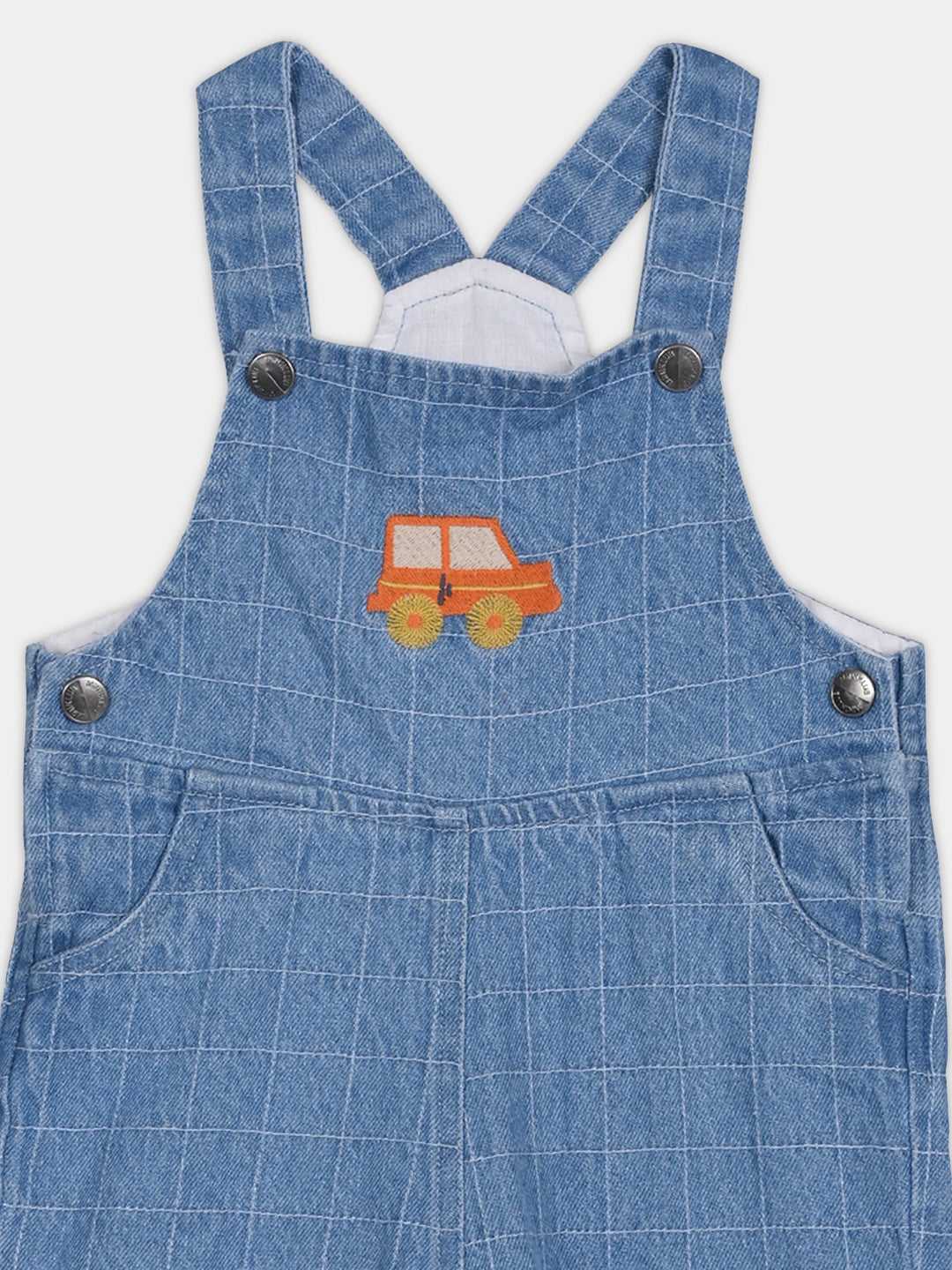 Boys Cotton Full Sleeves Checked Dungaree With Tee - Mauve & Blue
