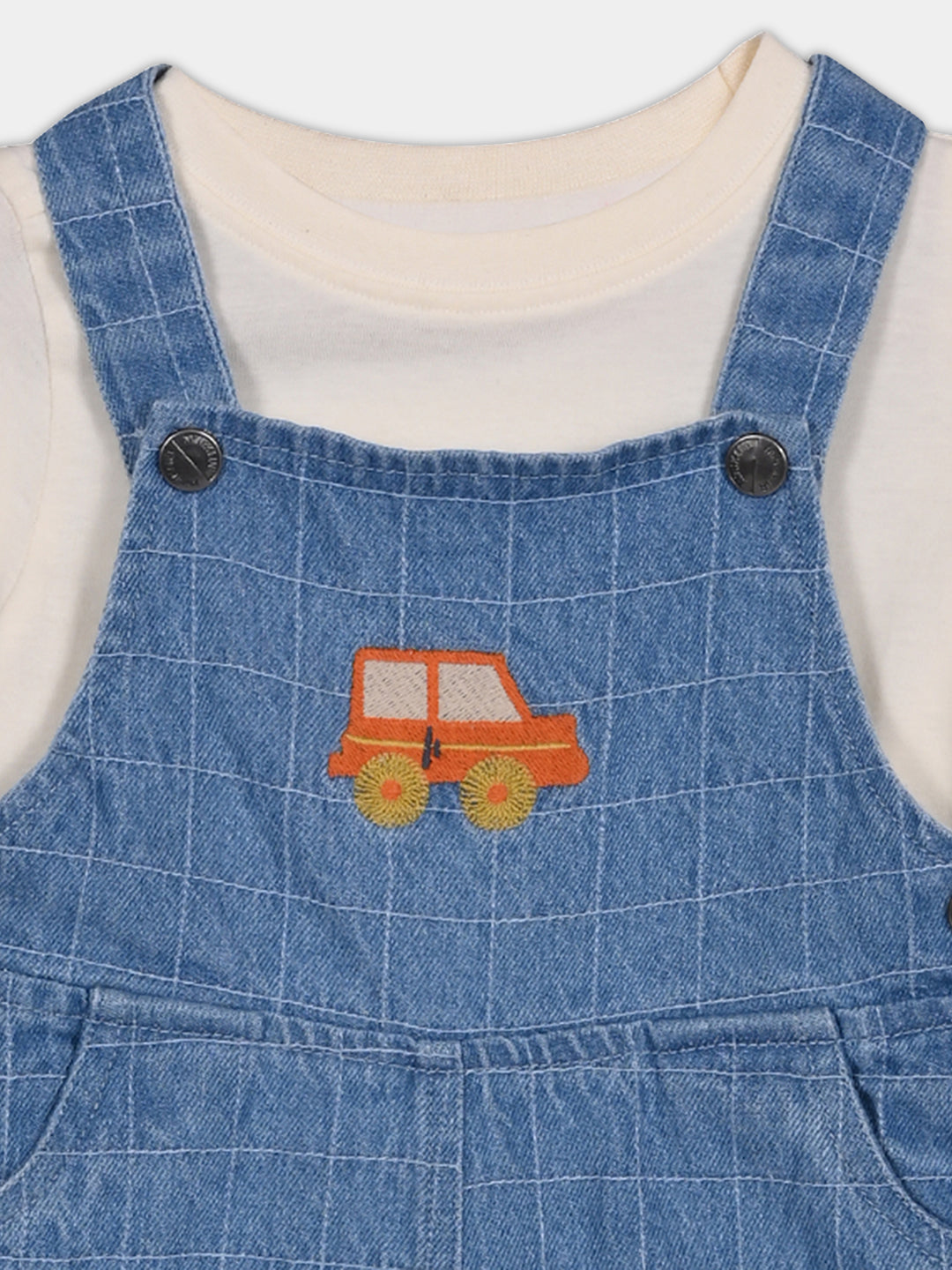 Boys Cotton Full Sleeves Checked Dungaree With Tee - Mauve & Blue