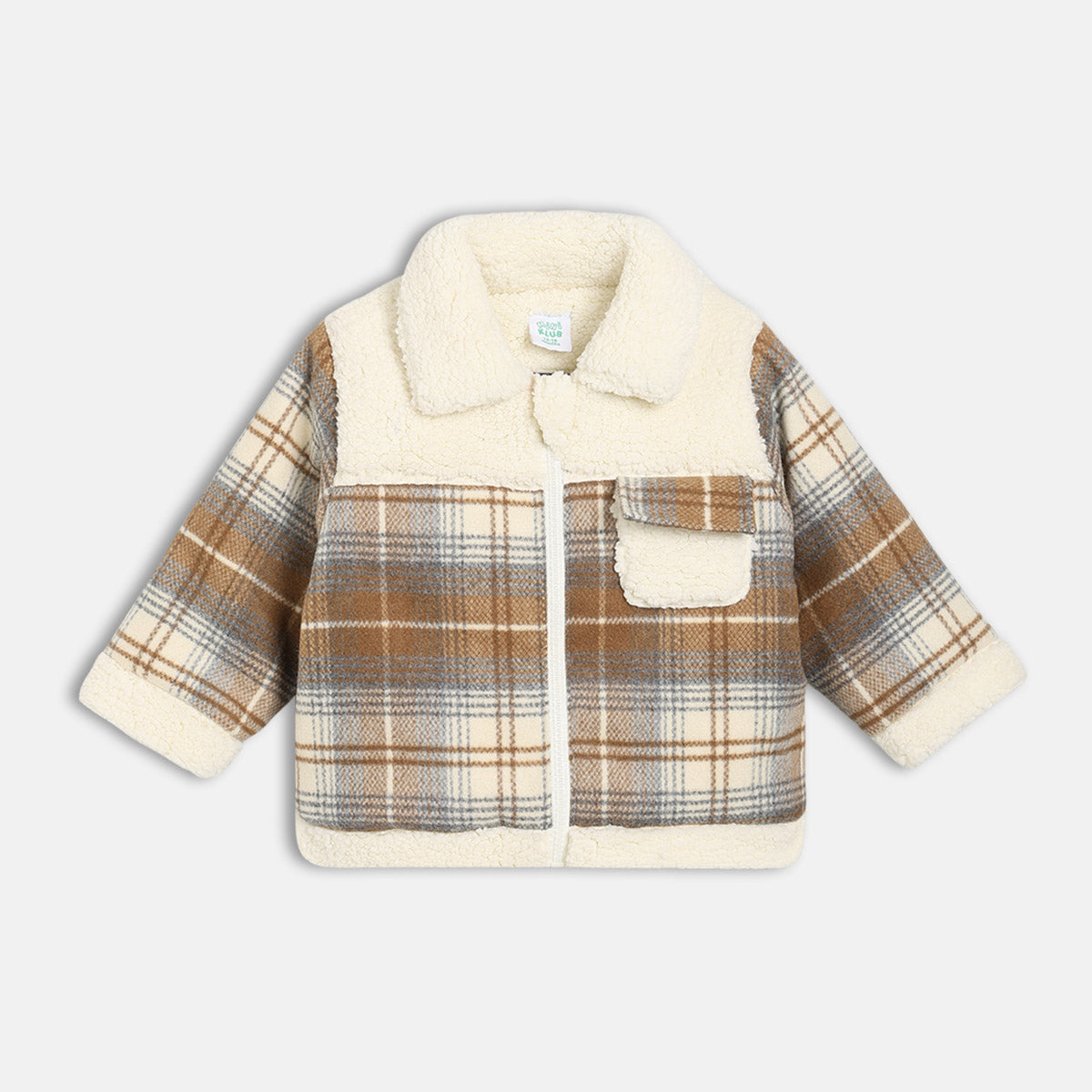Boys Cotton Full Sleeves Checked Jacket - Brown