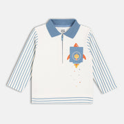 Boys Cotton Full Sleeves Striped Polo - White & Blue