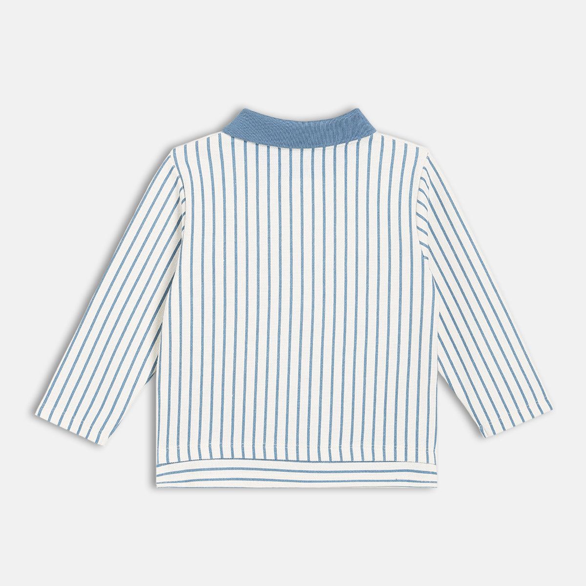 Boys Cotton Full Sleeves Striped Polo - White & Blue