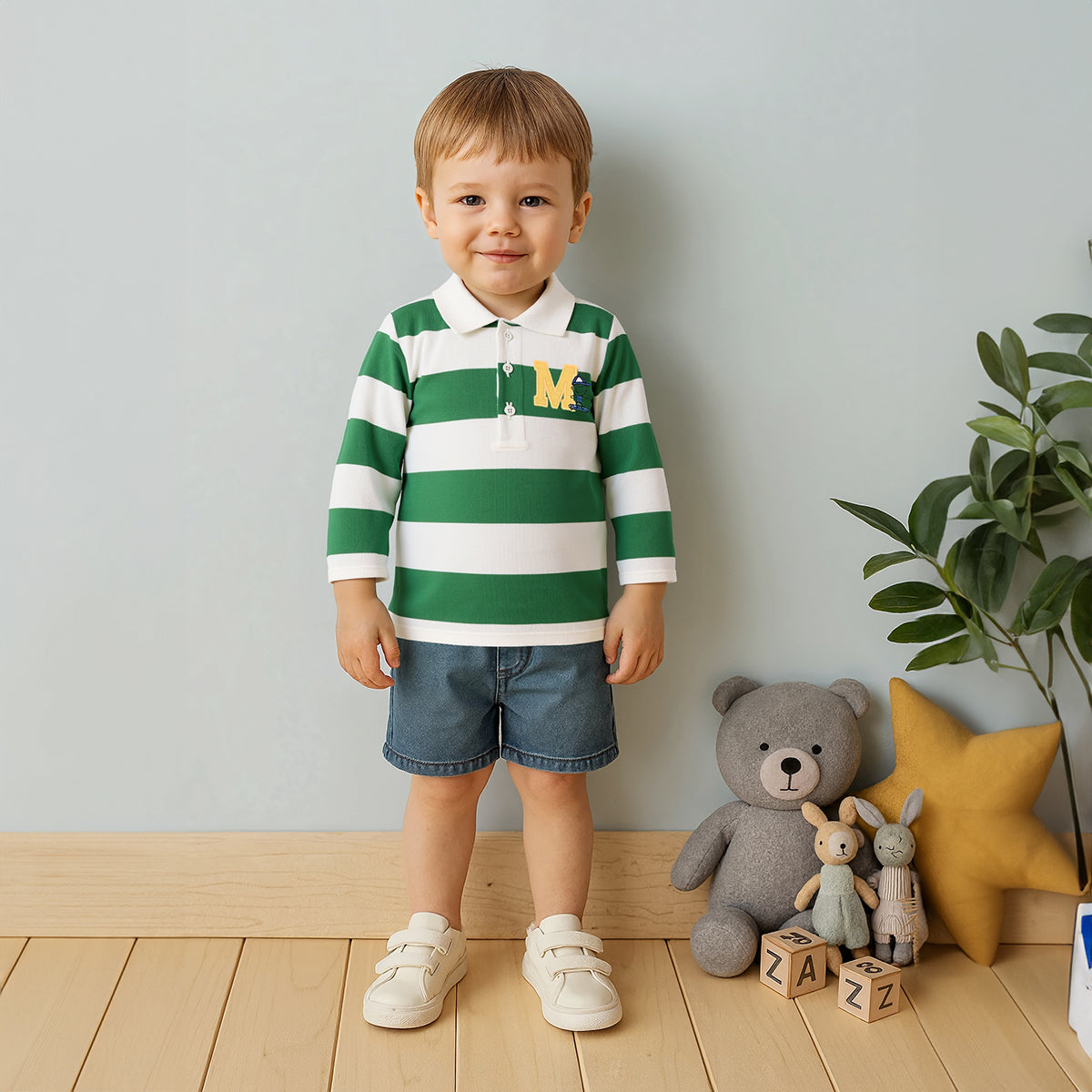 Boys Cotton Full Sleeves Striped Polo - White & Green