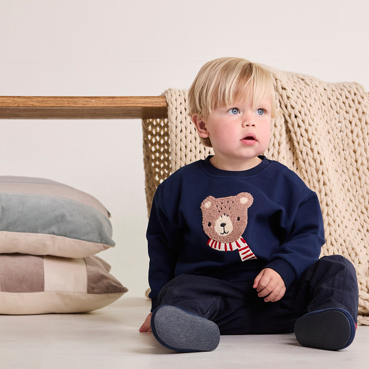 Baby Boys Teddy Bear Embroidered Sweatshirt, Navy Blue