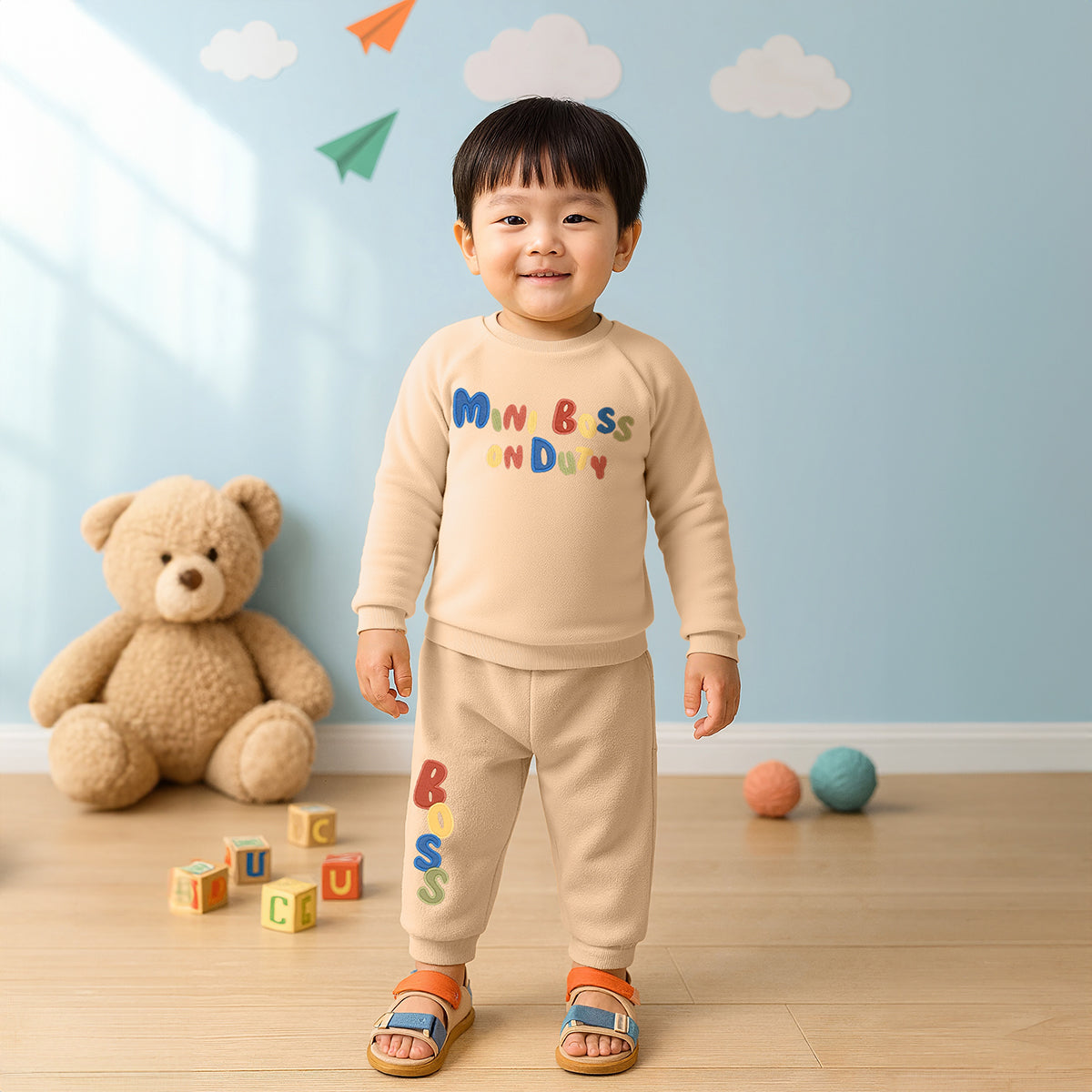 Boys Cotton Full Sleeve Text Printed Clothing Set - Beige