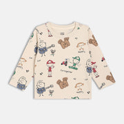 Boys Cotton Full Sleeves Cartoon Printed Tee - Beige