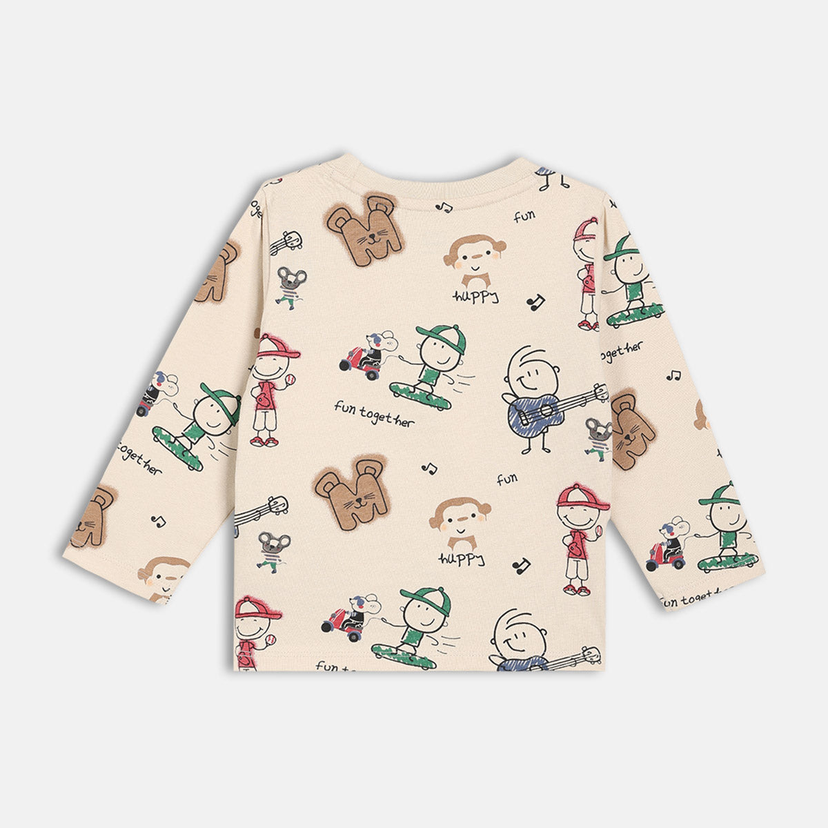 Boys Cotton Full Sleeves Cartoon Printed Tee - Beige