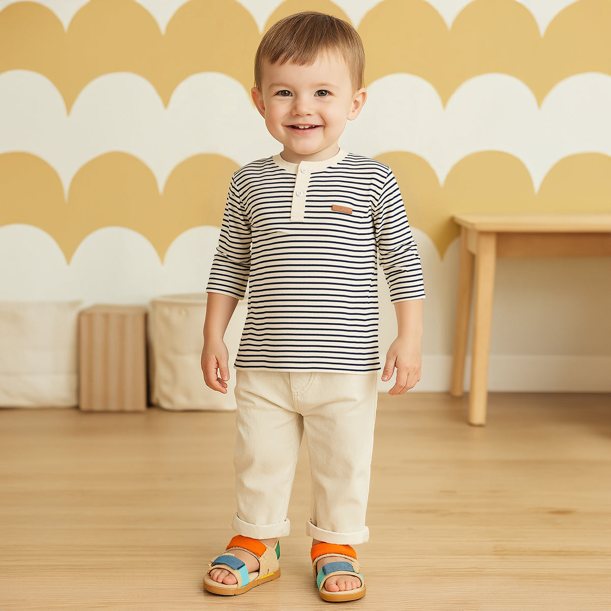 Boys Cotton Full Sleeves Striped Tee - Beige