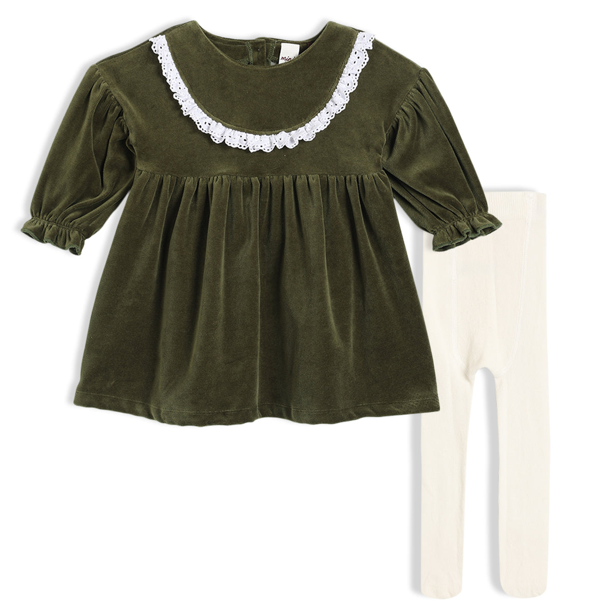 Baby Girls Velour Dress With Tights, Green