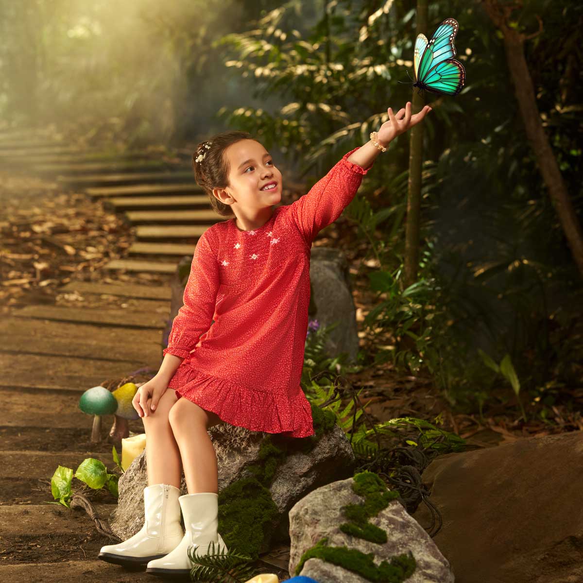 Girls Cotton Full Sleeves Floral Printed Dress - Red