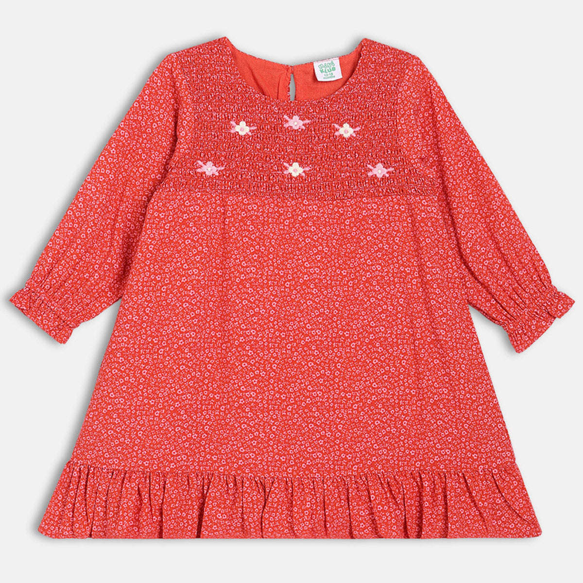 Girls Cotton Full Sleeves Floral Printed Dress - Red