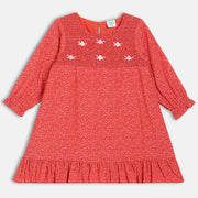 Girls Cotton Full Sleeves Floral Printed Dress - Red