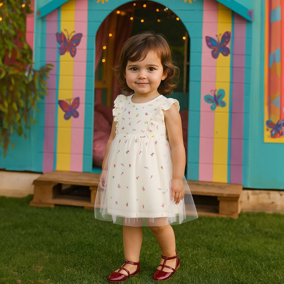 Baby Girls Floral Print Ruffle Dress, White