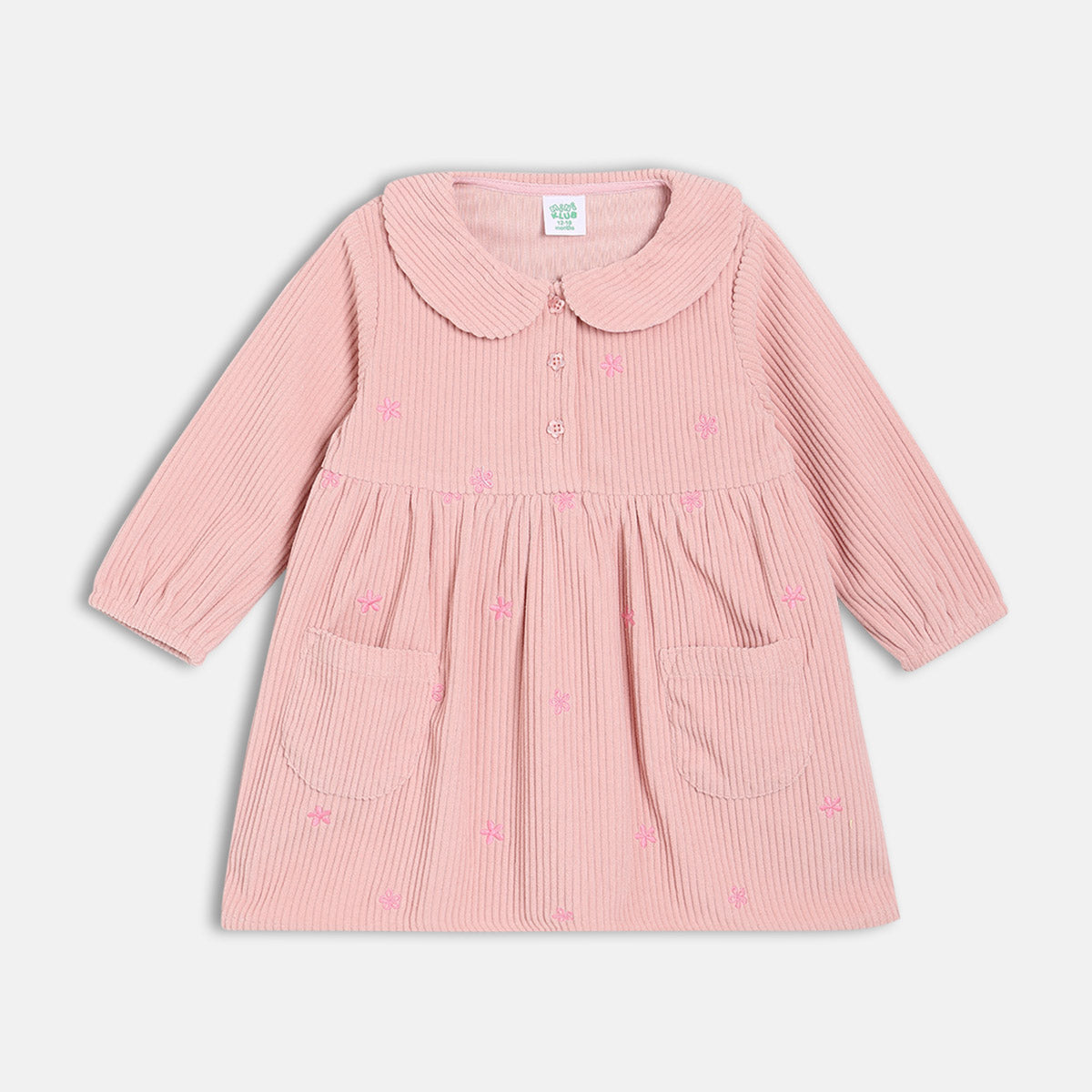 Girls Cotton Full Sleeves Floral Embroidered Dress - Pink