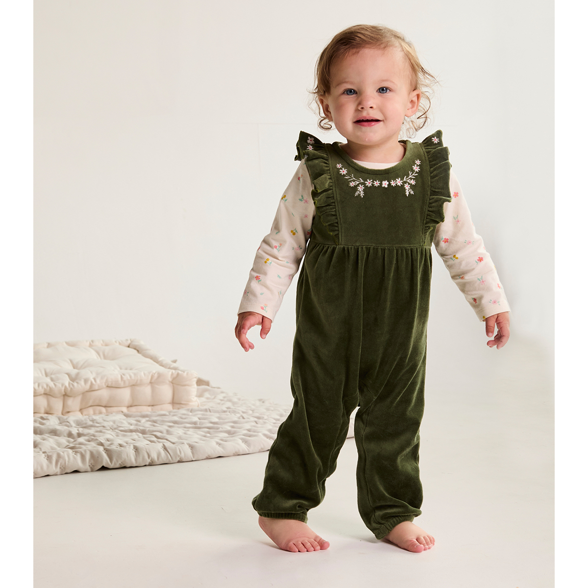 Baby Girls Floral Embroidered Dungaree 3 piece Set, Green