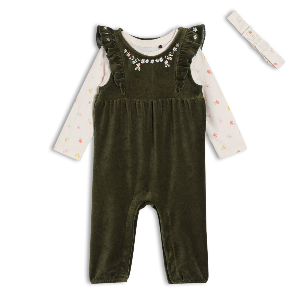 Baby Girls Floral Embroidered Dungaree 3 piece Set, Green
