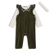 Baby Girls Floral Embroidered Dungaree 3 piece Set, Green