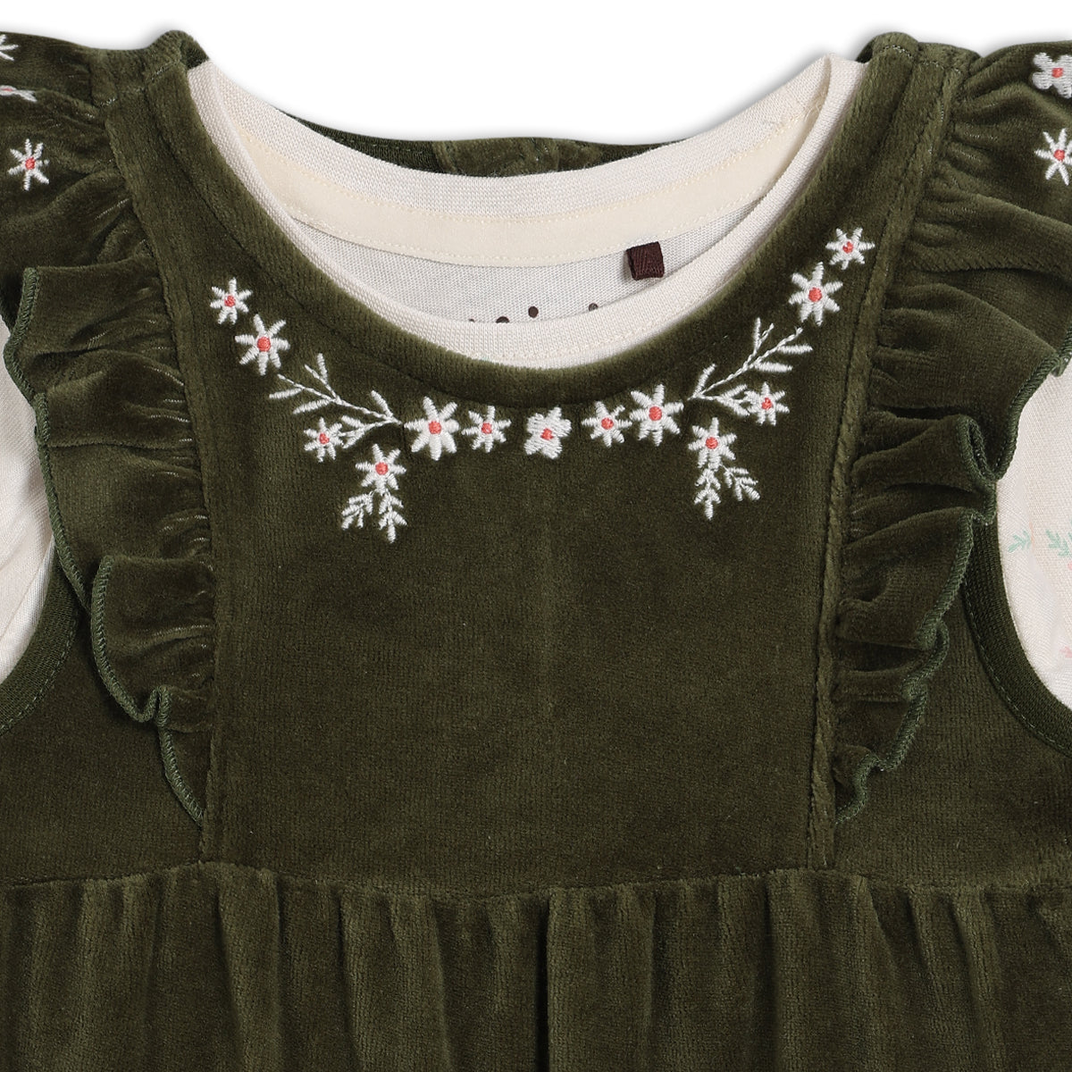Baby Girls Floral Embroidered Dungaree 3 piece Set, Green