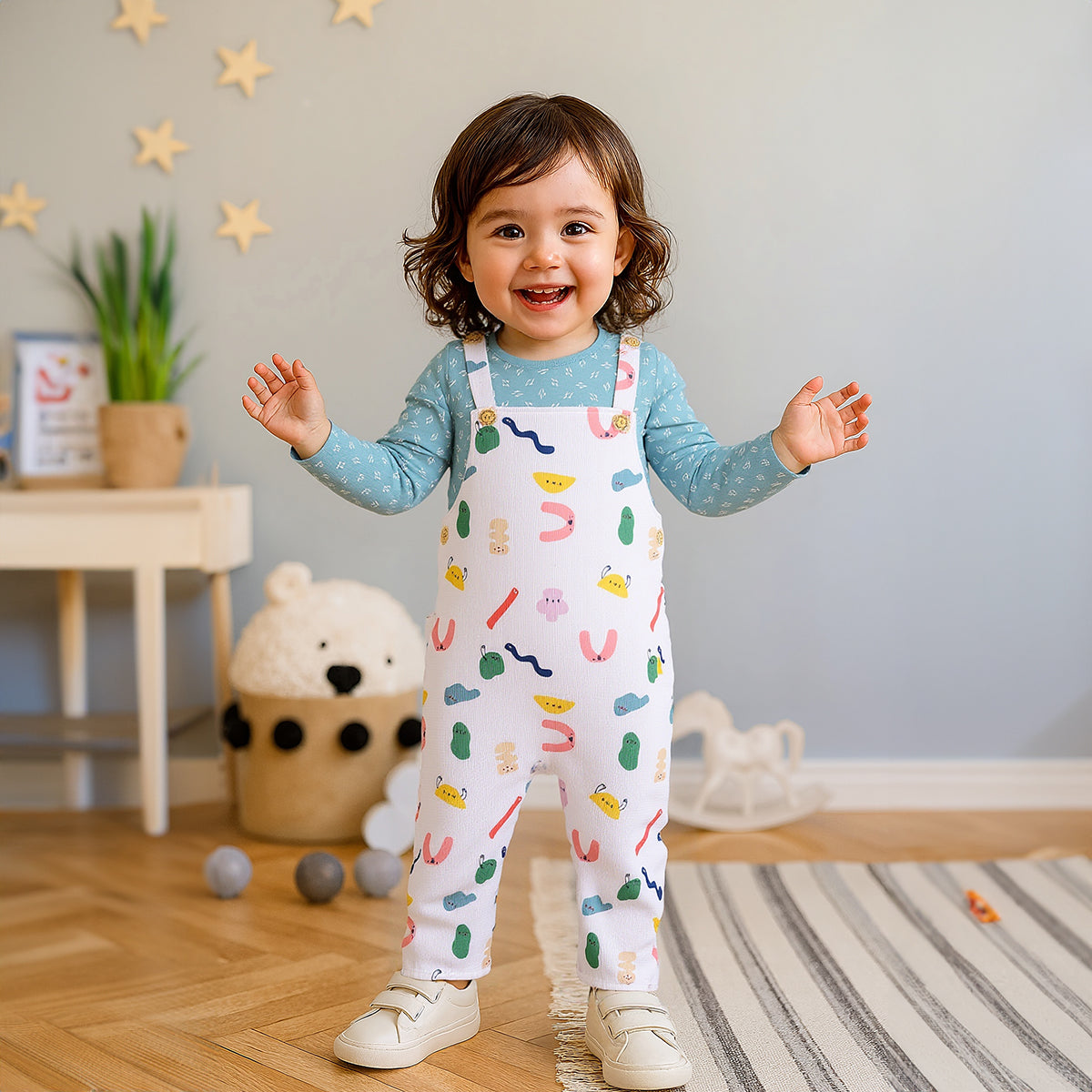 Baby Girls wiggle Printed Dungaree 2 piece Set, Multicolor