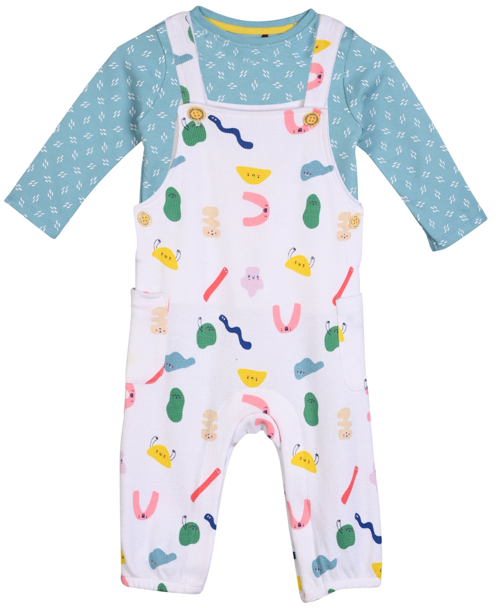 Baby Girls wiggle Printed Dungaree 2 piece Set, Multicolor