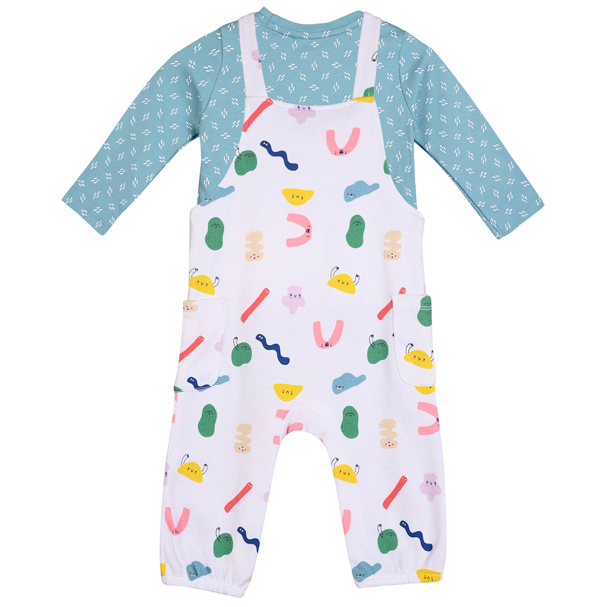 Baby Girls wiggle Printed Dungaree 2 piece Set, Multicolor