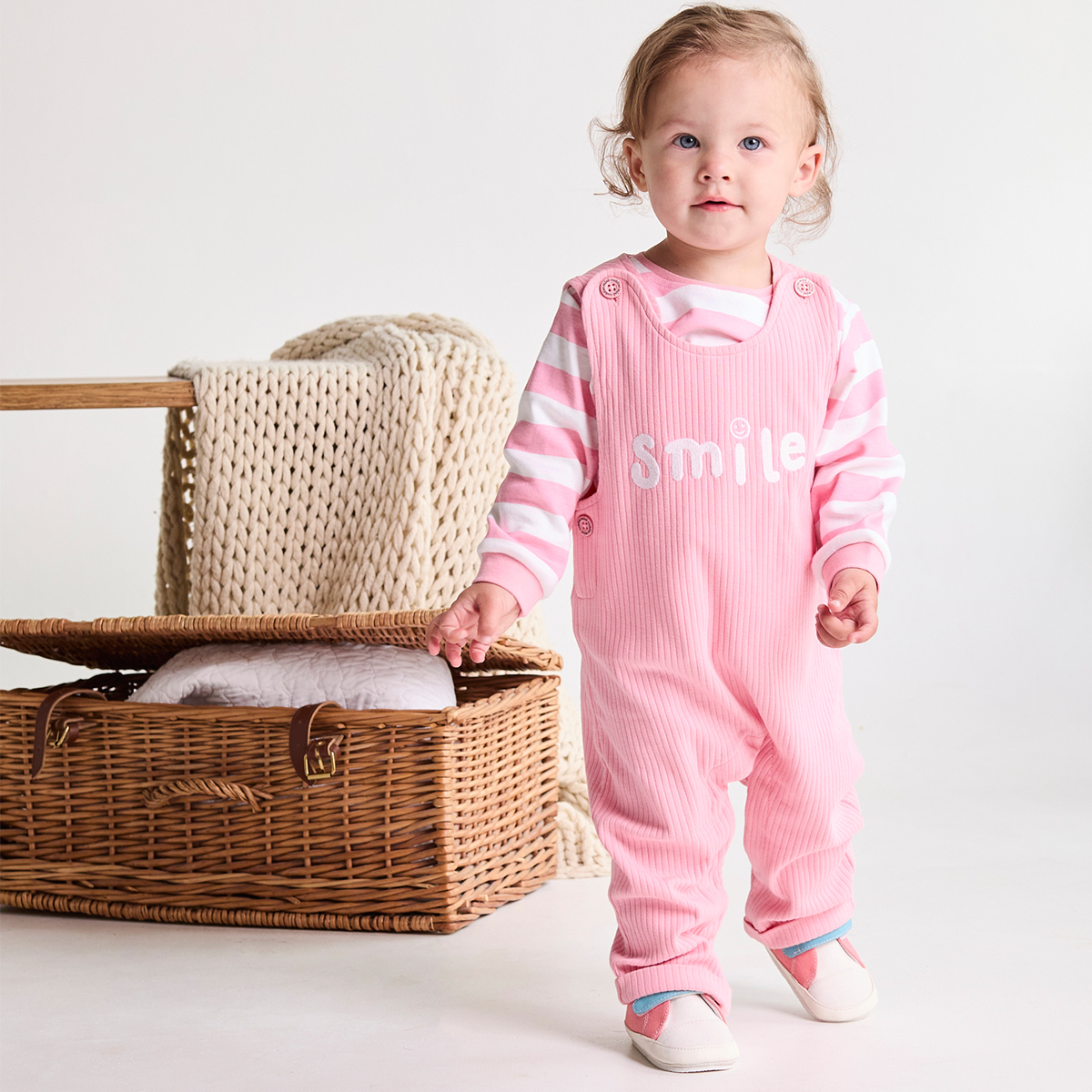 Baby Girls Smile Embroidered Dungaree 2 piece Set, Multicolor