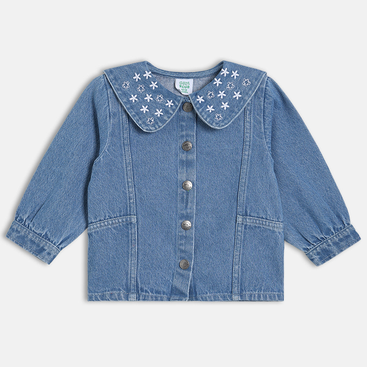 Girls Cotton Full Sleeves Floral Embroidered Jacket - Blue