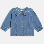 Girls Cotton Full Sleeves Floral Embroidered Jacket - Blue