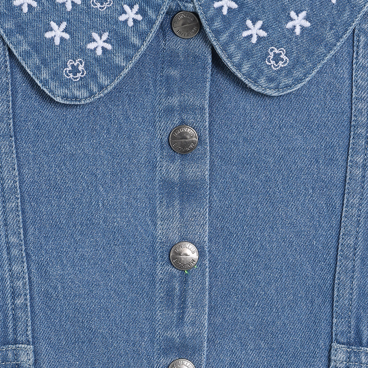 Girls Cotton Full Sleeves Floral Embroidered Jacket - Blue