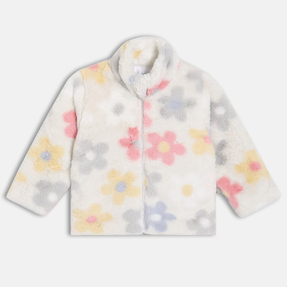 Girls Cotton Full Sleeves Floral Self Design Jacket - White