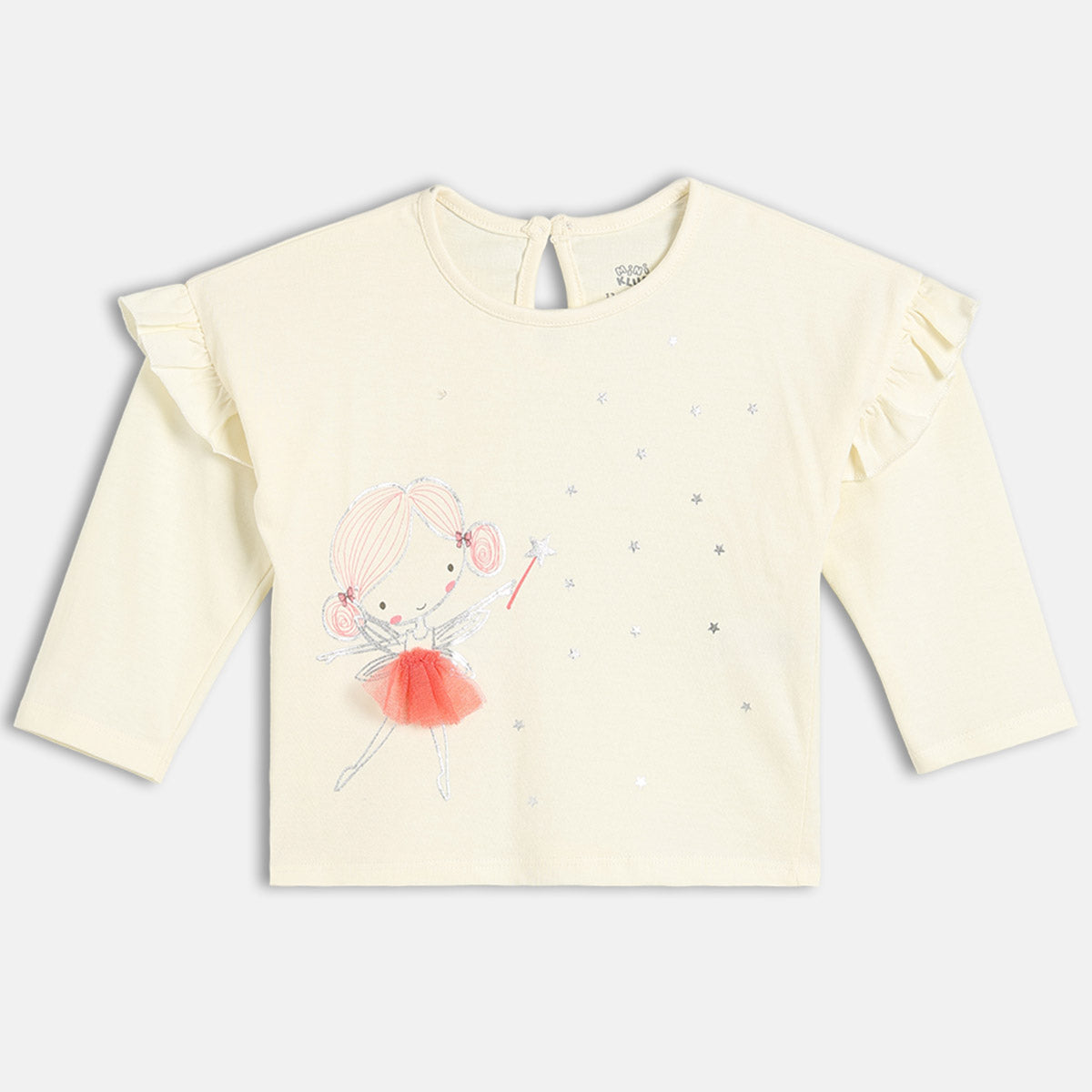 Girls Cotton Full Sleeves Cartoon Printed Knit Top - Off White